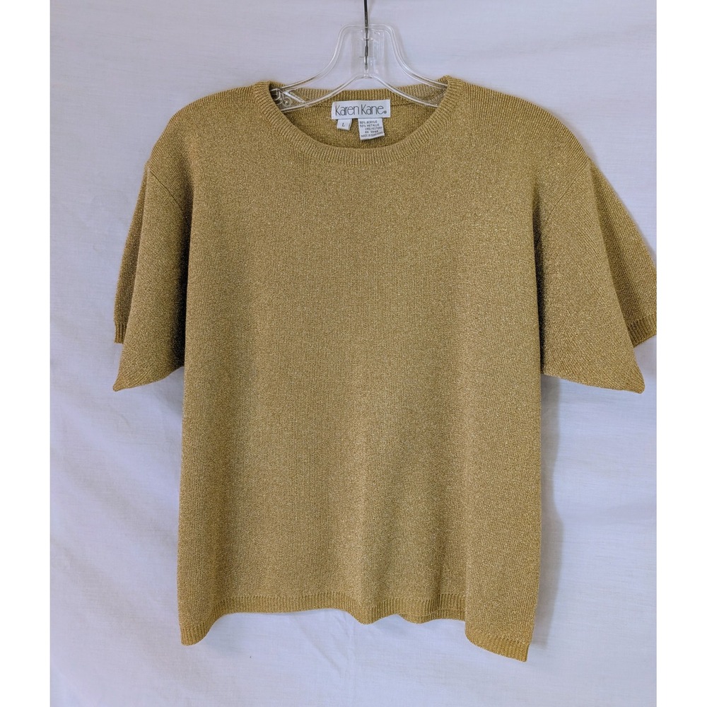 Vintage Karen‎ Kane Gold Metallic Knit Sweater Large Short Sleeve Sparkle Top